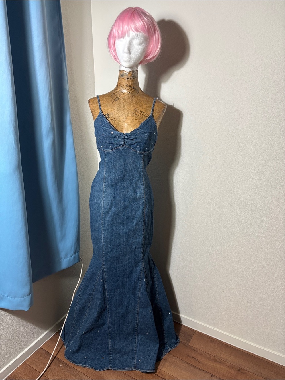 Windsor denim dress vintage size 7 small/long bejeweled mermaid hem Y2K made USA